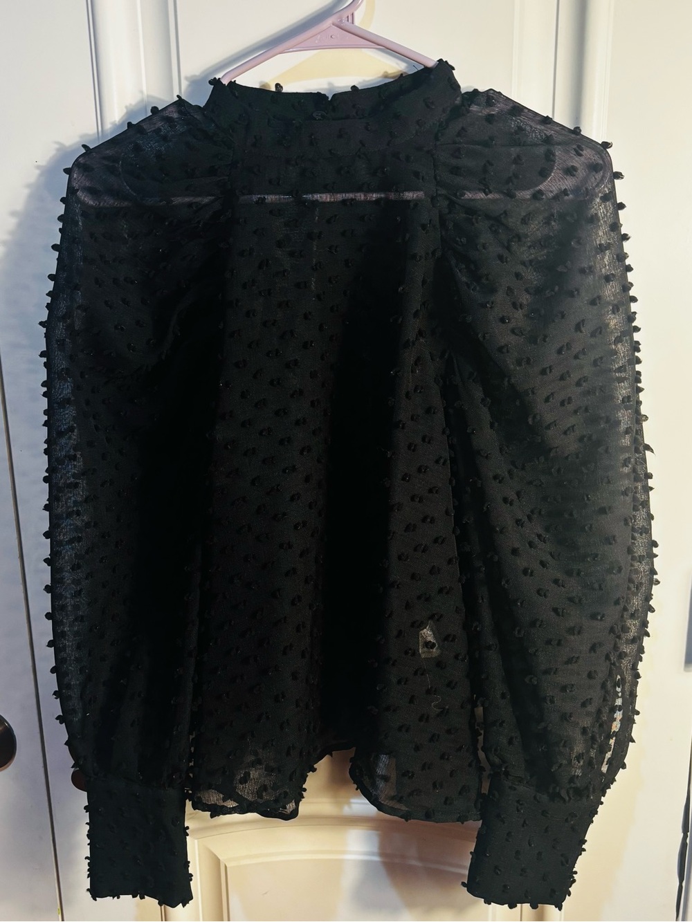 Zara Women's SZ S Black Sheer Pullover Blouse Long Sleeve Polka Dot Button Neck